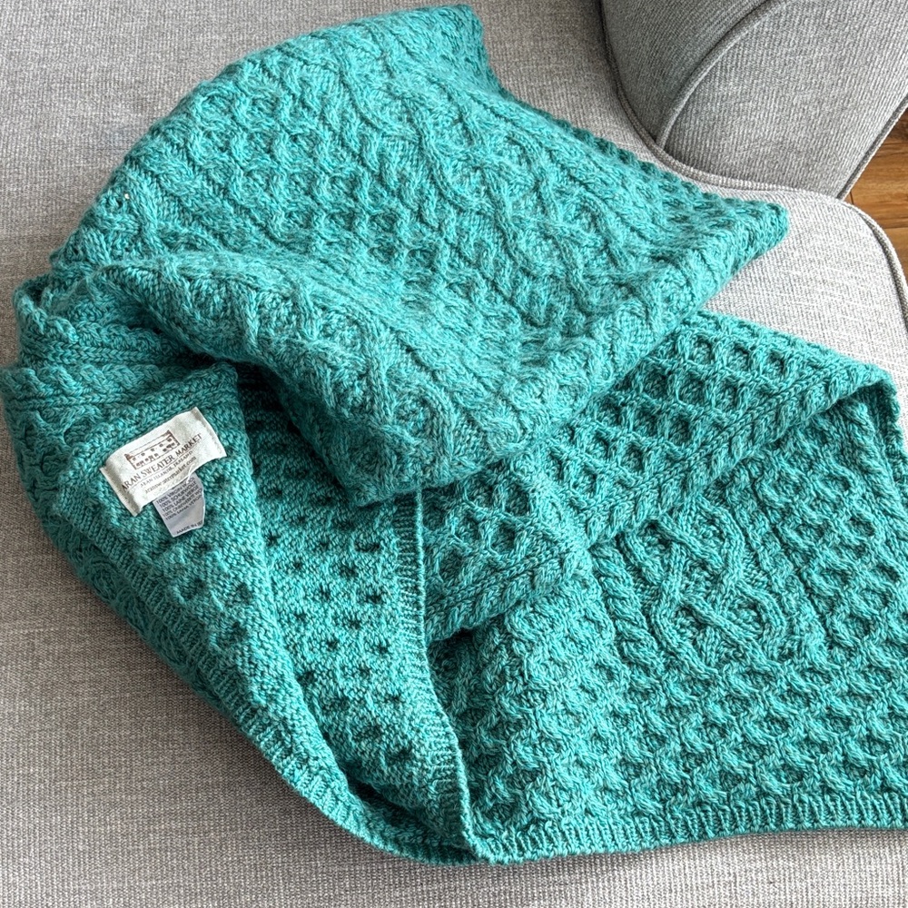 Turquoise Cable Knit Wrap 100% Virgin Wool - image 1